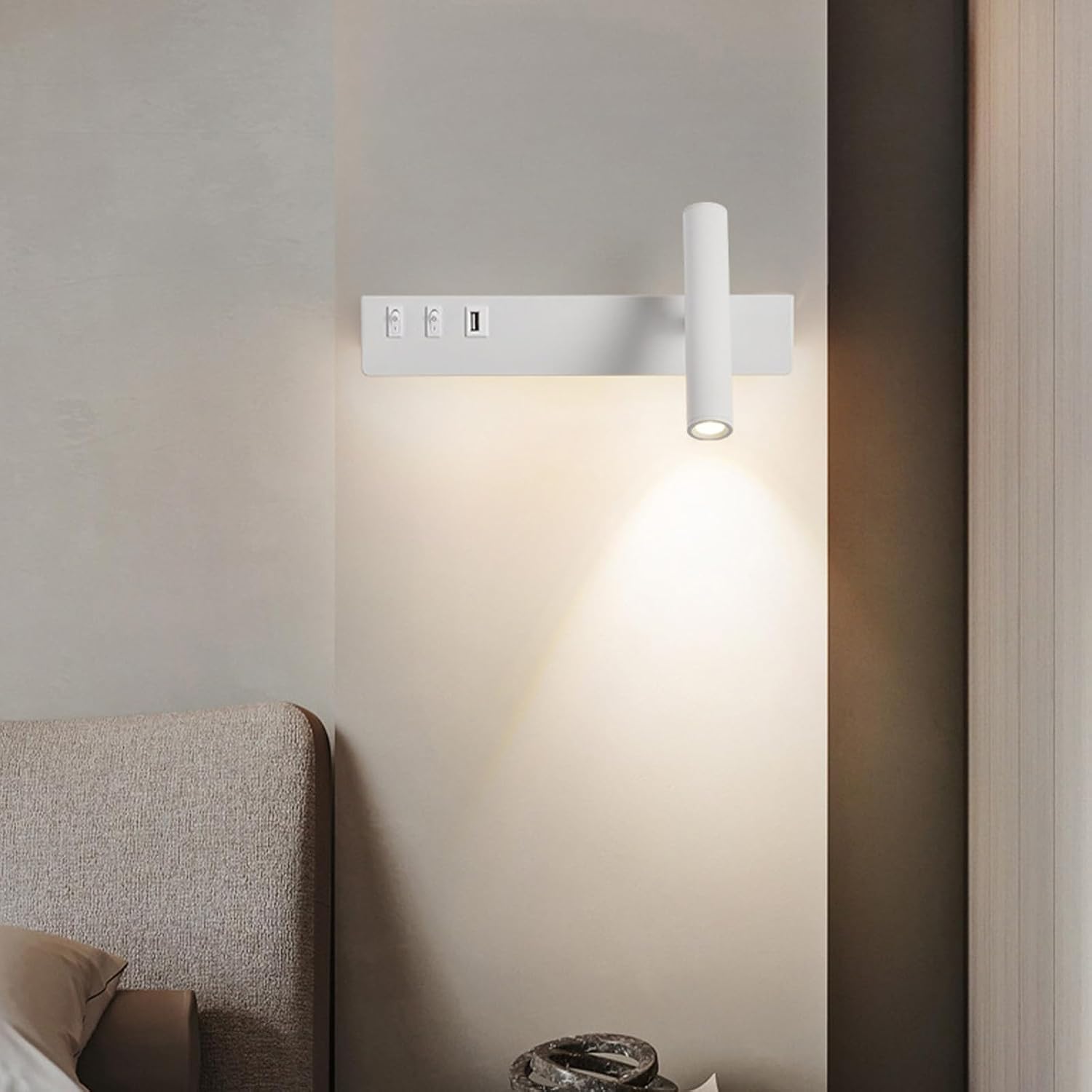 Obrotowa lampa ścienna do wnętrz 350° – port ładowania USB – (biała + prawa strona – ściemnianie trójkolorowe (ciepłe światło punktowe))