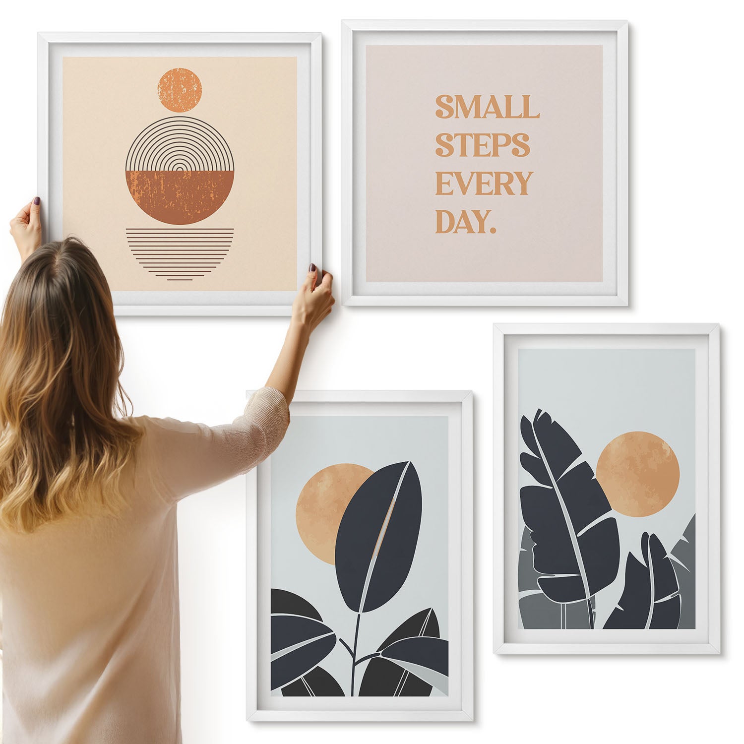 Galeria ścienna 4-częściowy komplet obrazów w białych ramach - Roślinne wzory z dużymi słońcami styl minimalistyczny - ArtPrintCave