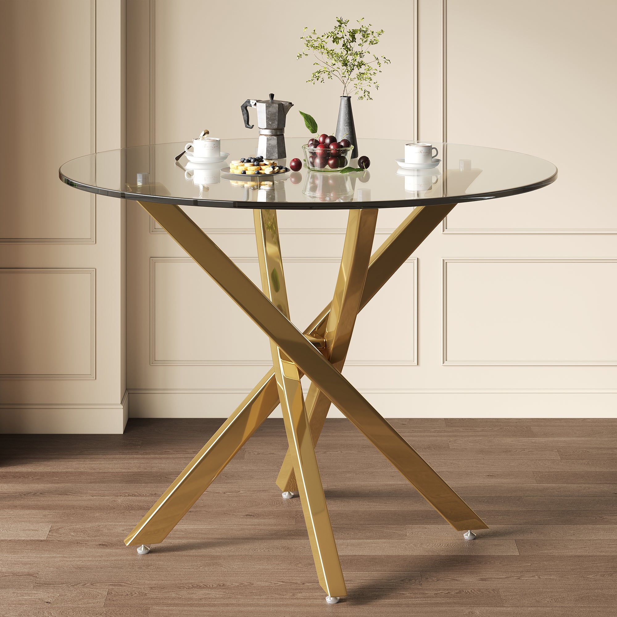 Okrągły stół jadalniany 80 x 80 x 75 cm - Blat szklany - Nogi platerowane złotem - Złoty + szkło