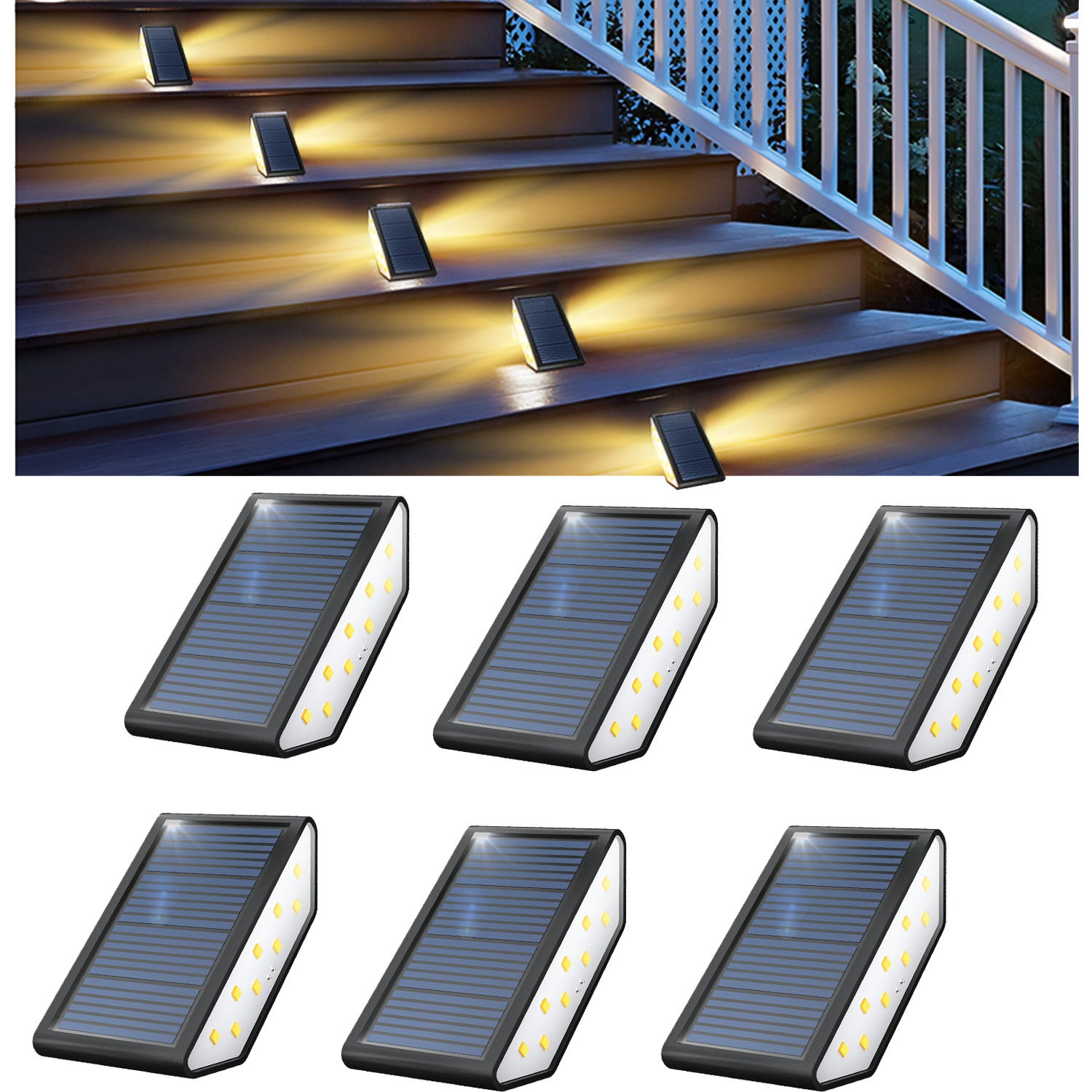 Zestaw 6 zewnętrznych lamp solarnych do schodów, 18 LED, oświetlenie zewnętrzne do klatki schodowej, drzwi wejściowych, patio, werandy, ciepła biel.