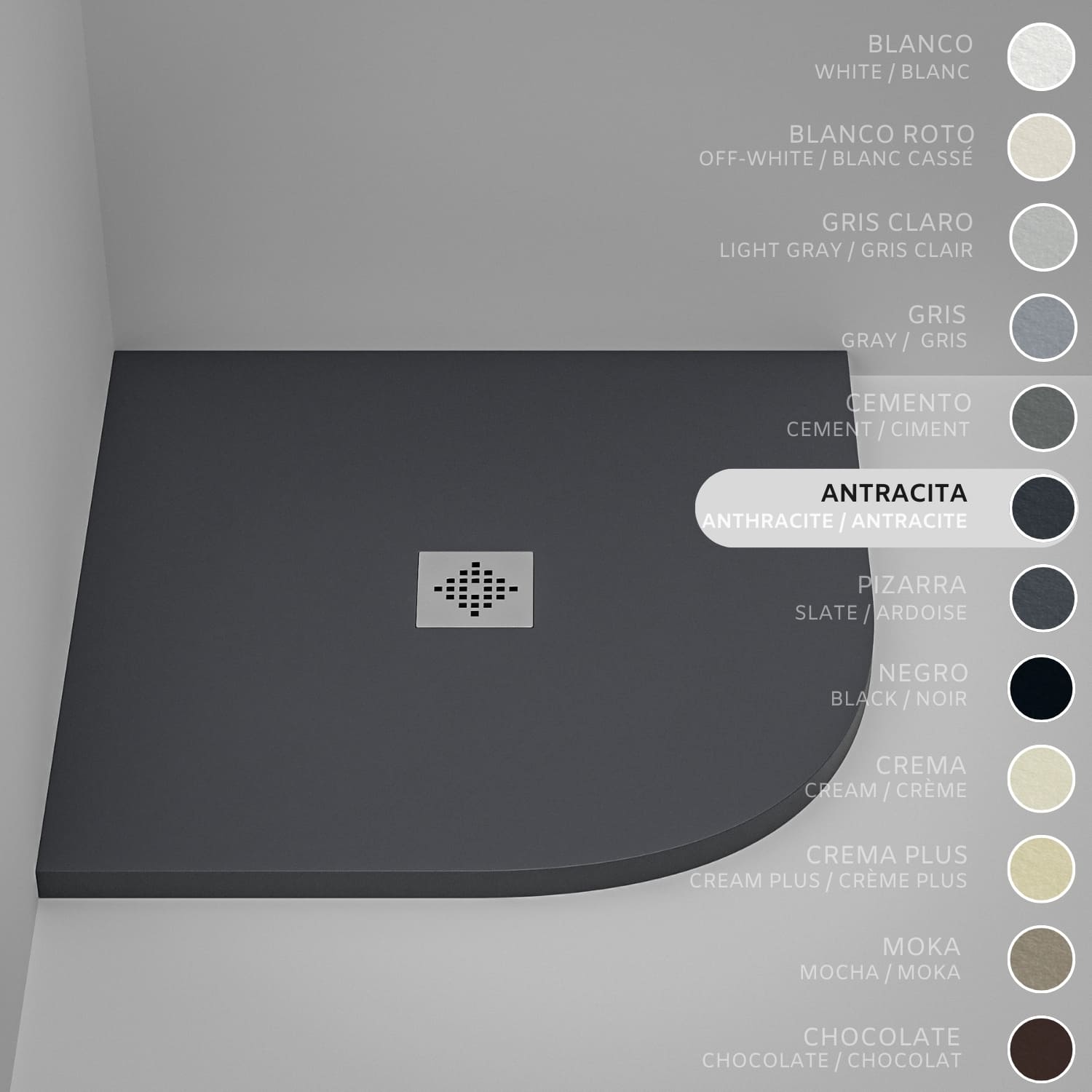 Brodzik półokrągły SOULHOME Żywica i Konglomerat Mineralny Antypoślizgowy 70x70 cm Antracyt - Kratka Inox