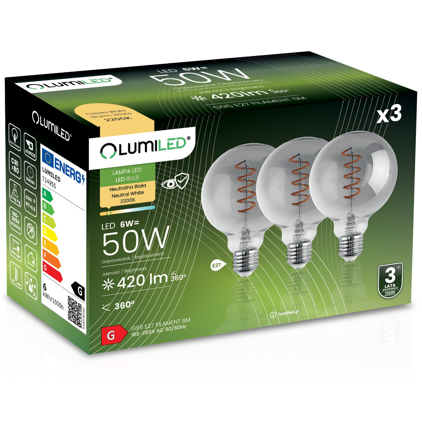 Żarówka LED Lumiled E27 Kula G95 6W 420lm 2200K Ciepła biel 360st 3 szt.