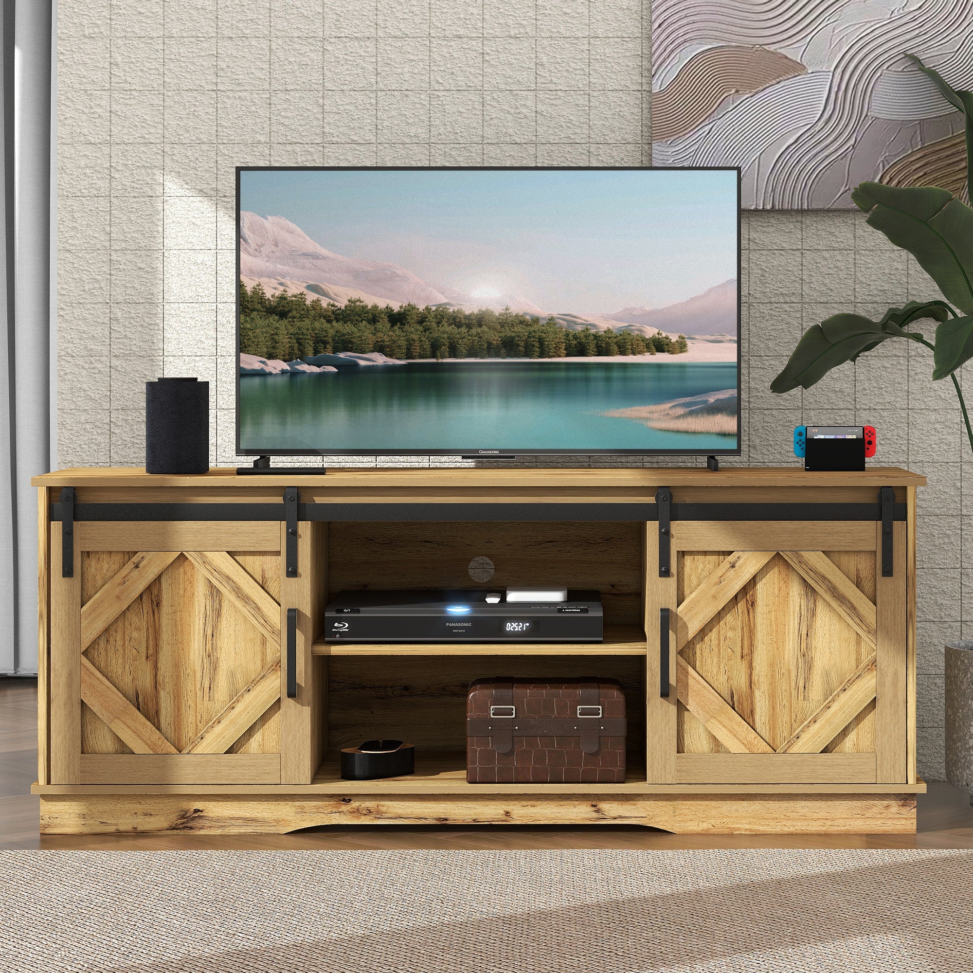 TV-Schrank z Przewijanymi Drzwiami - 150x40x60cm - Rustic Brown - Płyta Wiórowa - 65" TV - Moderno/Dwór