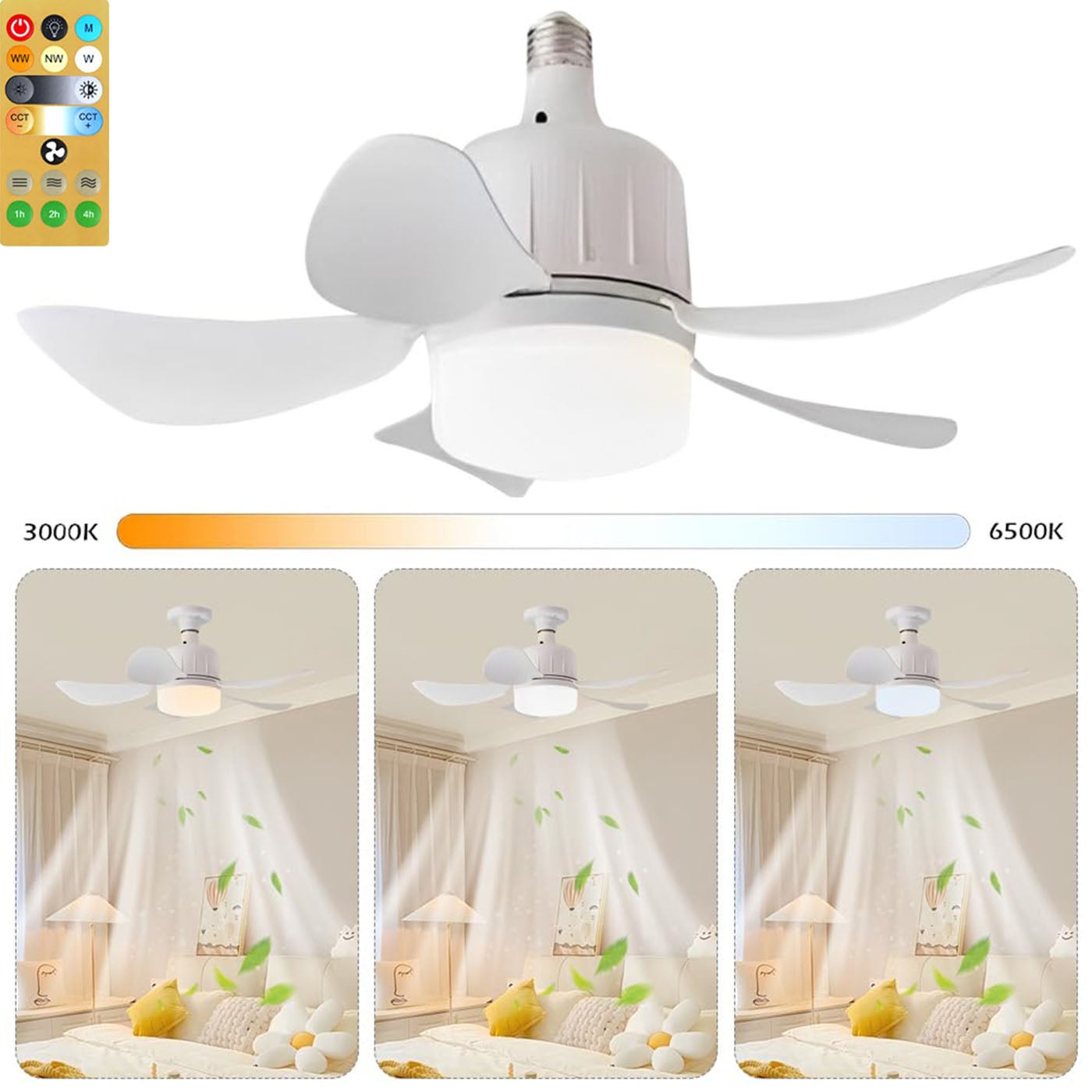 Wentylator sufitowy LED z pilotem i oświetleniem | Wentylator do pokoju 23 W | 3 prędkości, 3 tryby oświetlenia | Oprawka E27 | 85-265 V