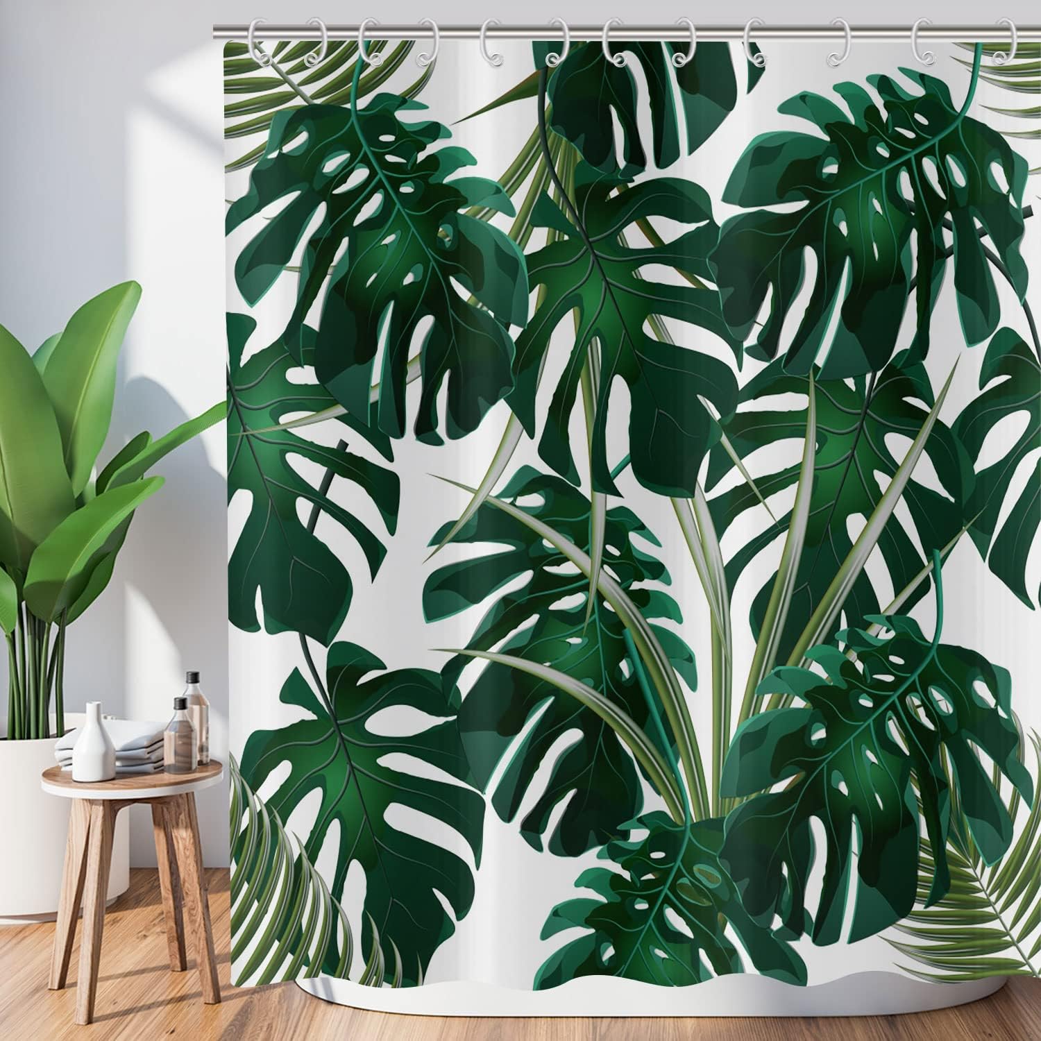 180x200 cm zasłona prysznicowa z tropikalnymi liśćmi, ciemnozielona zasłona prysznicowa z motywem dżungli, roślina botaniczna, wodoodporna zasłona do