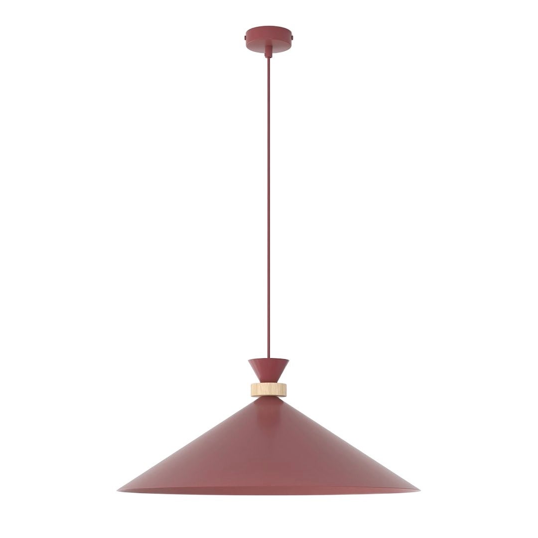 Lampa wisząca japandi burgundowa stożkowy klosz fi50cm z drewnianym detalem 1xE14 10W OLIVO Emibig