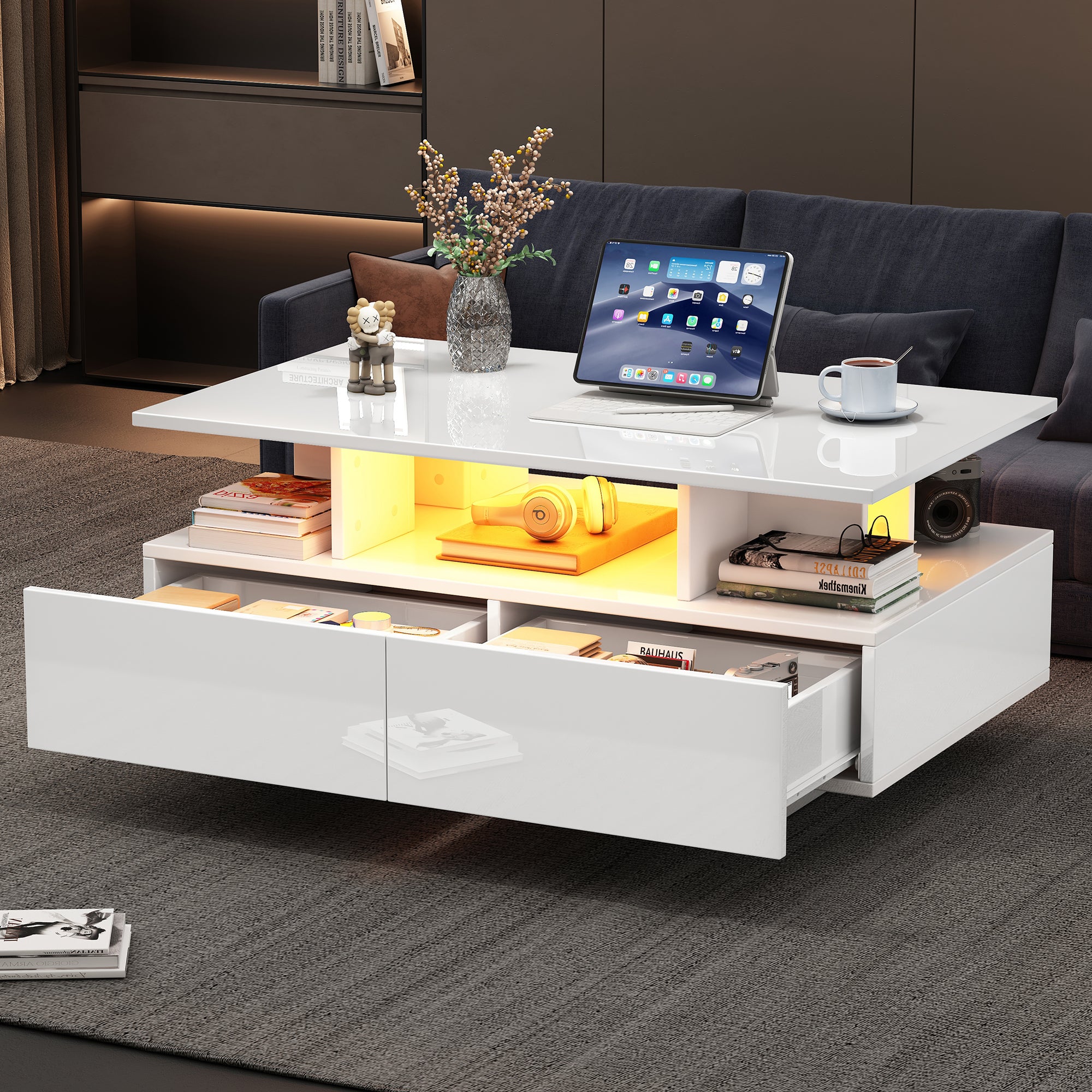 Stół do salonu z LED, 2 szuflady - biały, 90x55x41 cm, 30 kg, hochglanz