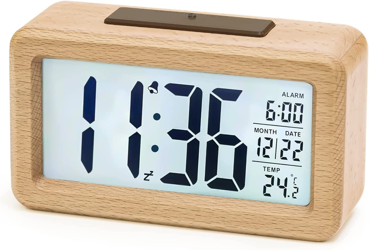 Drewniany budzik cyfrowy, budzik LCD, cyfrowy zegar bez tykania z wyświetlaniem daty, temperatury, funkcją drzemki, zegar cyfrowy