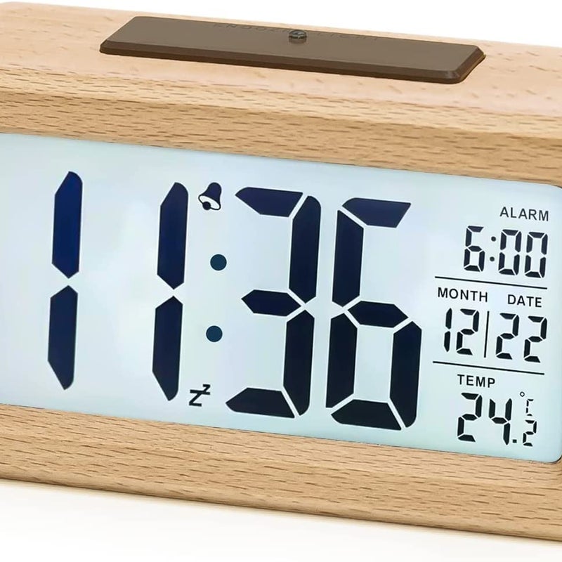 Drewniany budzik cyfrowy, budzik LCD, cyfrowy zegar bez tykania z wyświetlaniem daty, temperatury, funkcją drzemki, zegar cyfrowy