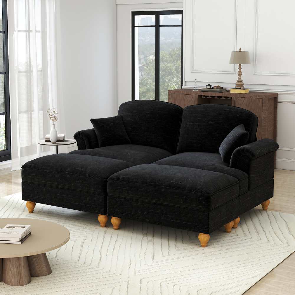 Kanapa modułowa 2-osobowa welur chenille czarna sofa cloud głęboka rozkładana z poduszką, falbaną, nogami szpilkowymi