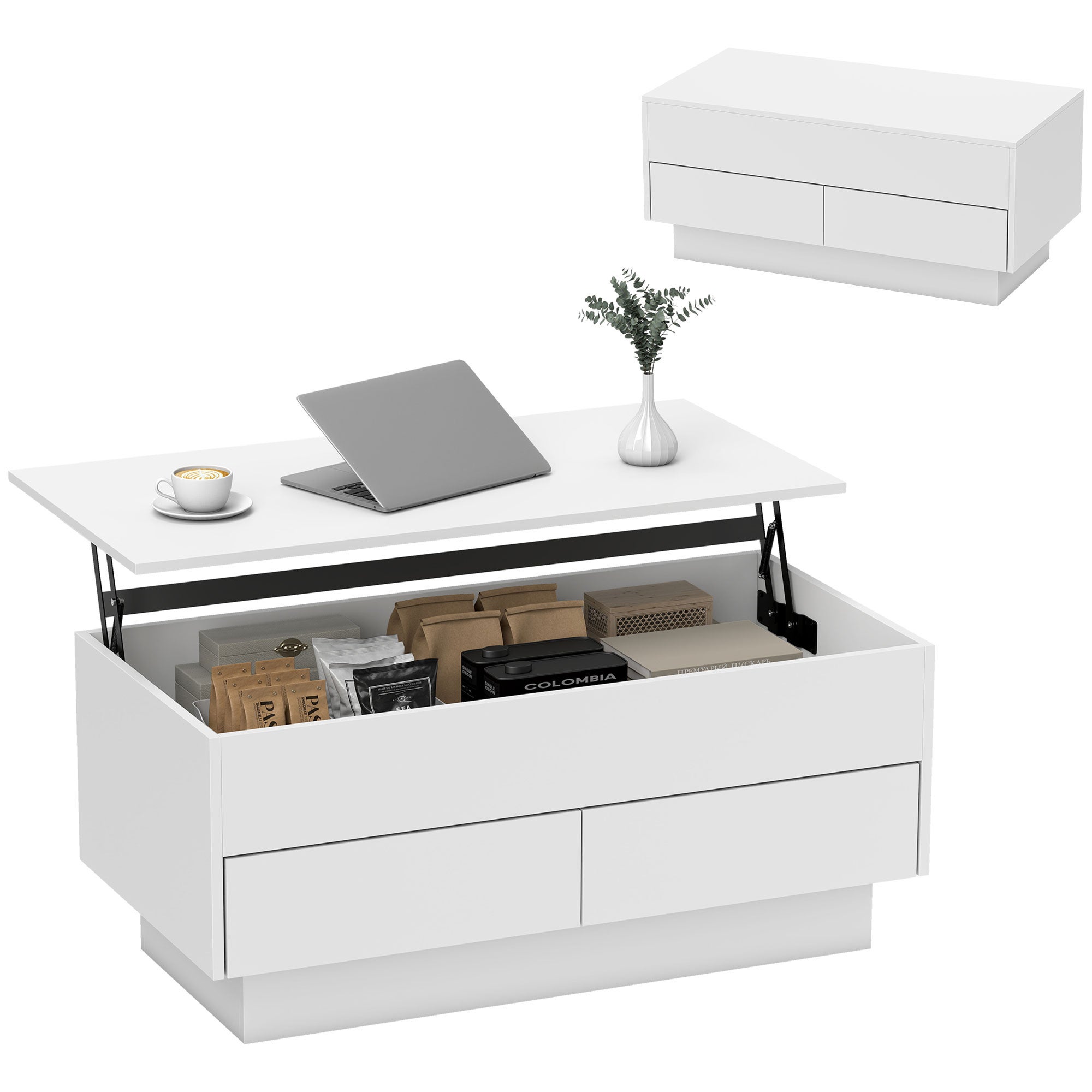 Stolik kawowy z podnoszonym blatem, stolik do salonu ze schowkiem i 2 szufladami, 100 x 50 x 44 cm, biały