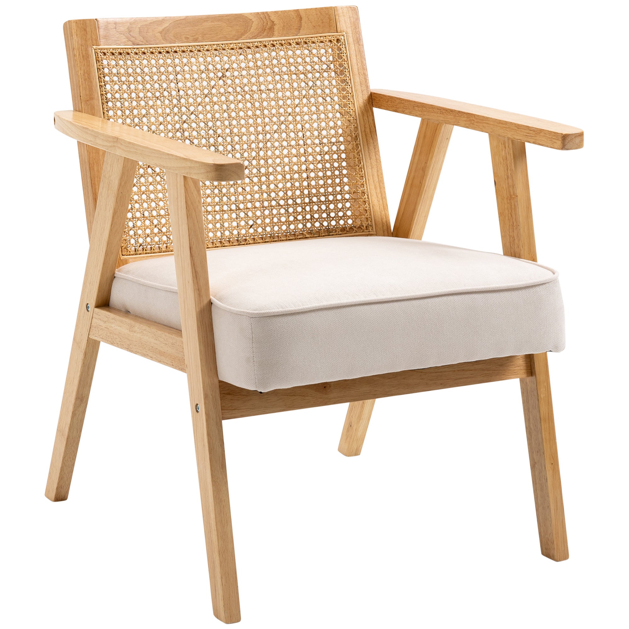 Fotel tapicerowany egzotyczny, drewno kauczukowe, poduszka siedziska imitująca len, 63 cm (dł.) x 69 cm (szer.) x 78 cm (wys.), kremowo-biały