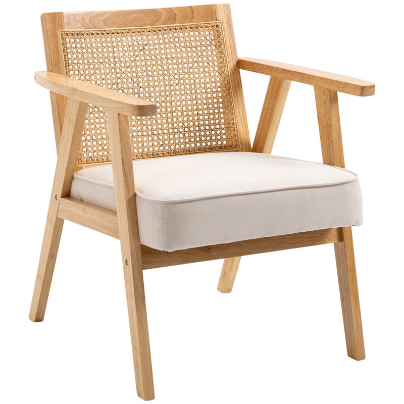 Fotel tapicerowany egzotyczny, drewno kauczukowe, poduszka siedziska imitująca len, 63 cm (dł.) x 69 cm (szer.) x 78 cm (wys.), kremowo-biały