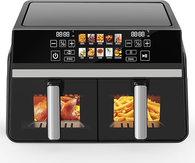 Frytkownica powietrzna Nettlife 10 l z dwoma strefami i okienkiem, 2200 W, SYNC & MATCH, ekran dotykowy, 24-godzinny timer, można myć w zmywarce