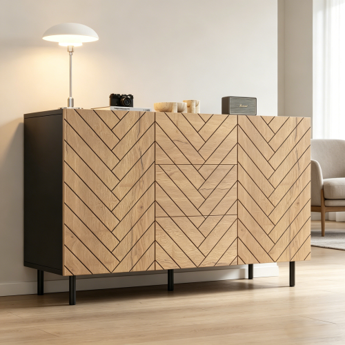 Nowoczesna komoda 120x40x76 cm - 3 szuflady i 2 drzwi - regał, komoda - Płyta wiórowa - Kolor naturalny