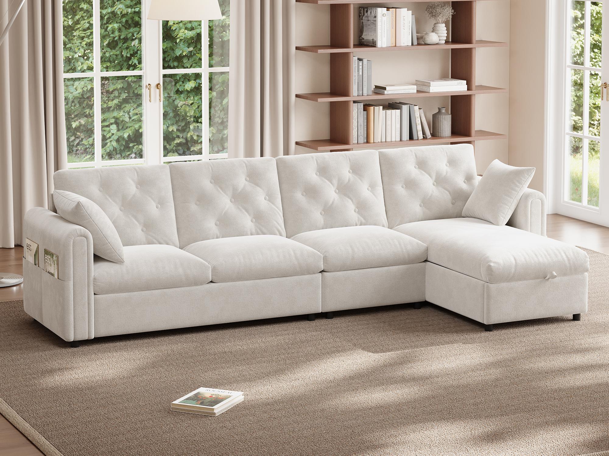 Canapé d'angle moderne en L - avec espace de rangement - réglable à gauche et à droite - velours - Beige