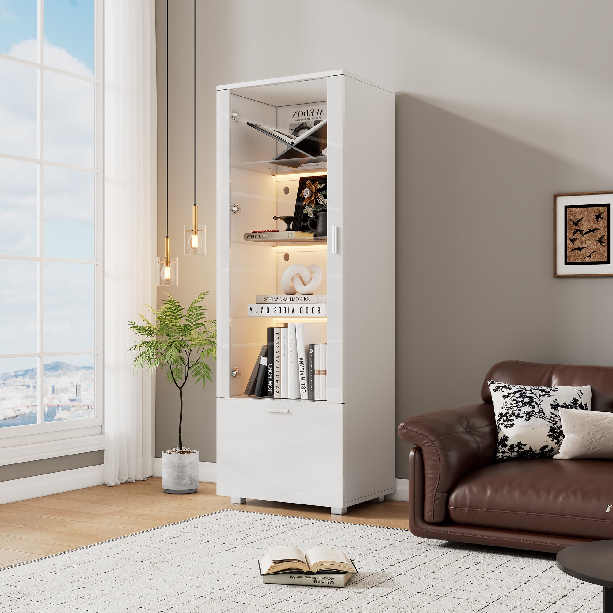 Witryna z 1 drzwiami drewnianymi i 1 drzwiami akrylowymi - 3 szklane półki - 50 x 40 x 160 cm - diody LED - płyta wiórowa - biała
