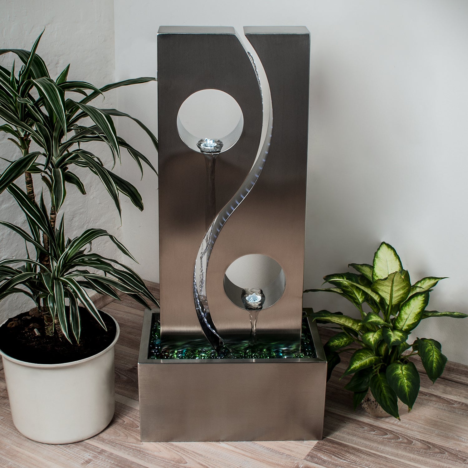 KÖHKO® Ściana wodna Yin Yang z oświetleniem LED Wysokość ok. 90 cm Fontanna wodna z niecką ze stali nierdzewnej