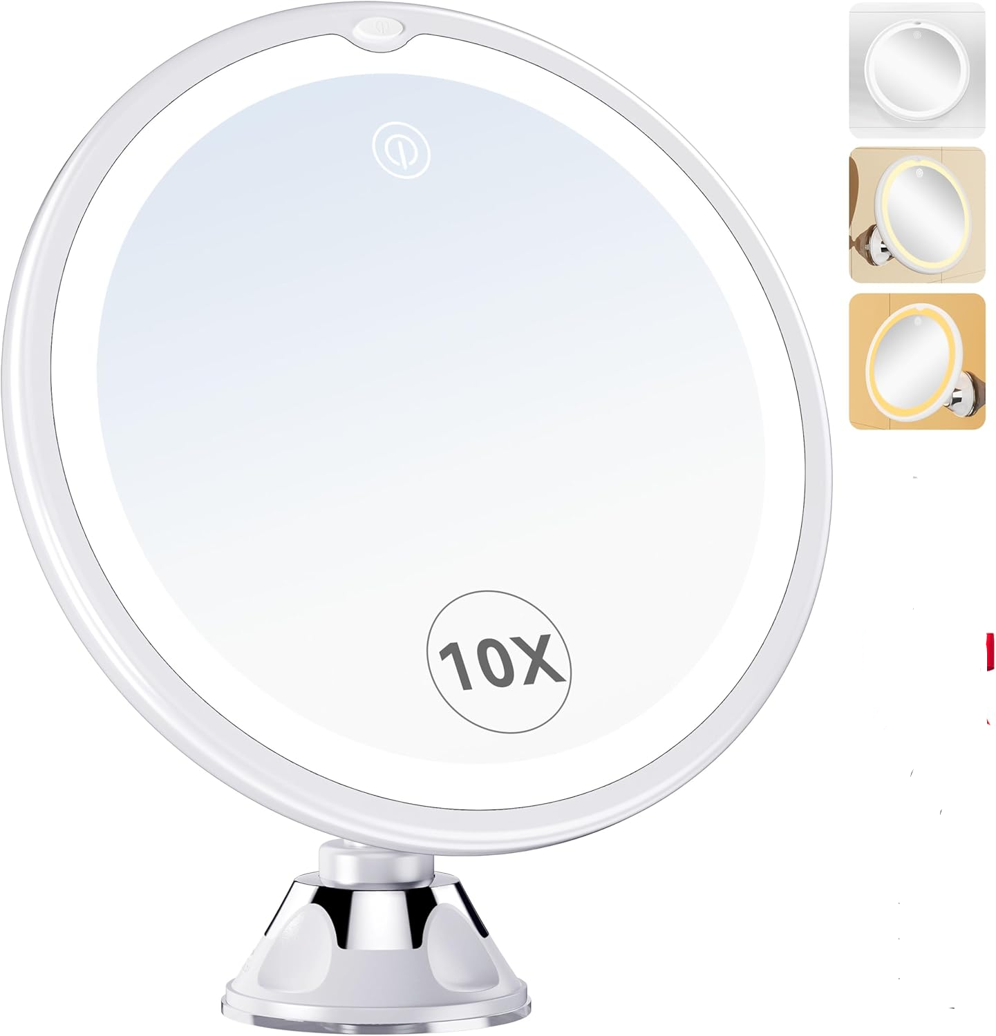 Lustro do makijażu z 10-krotnym powiększeniem i przyssawką, 3 diodami LED, obrotowe o 360°, podświetlane, przydatne w łazience i w podróży.