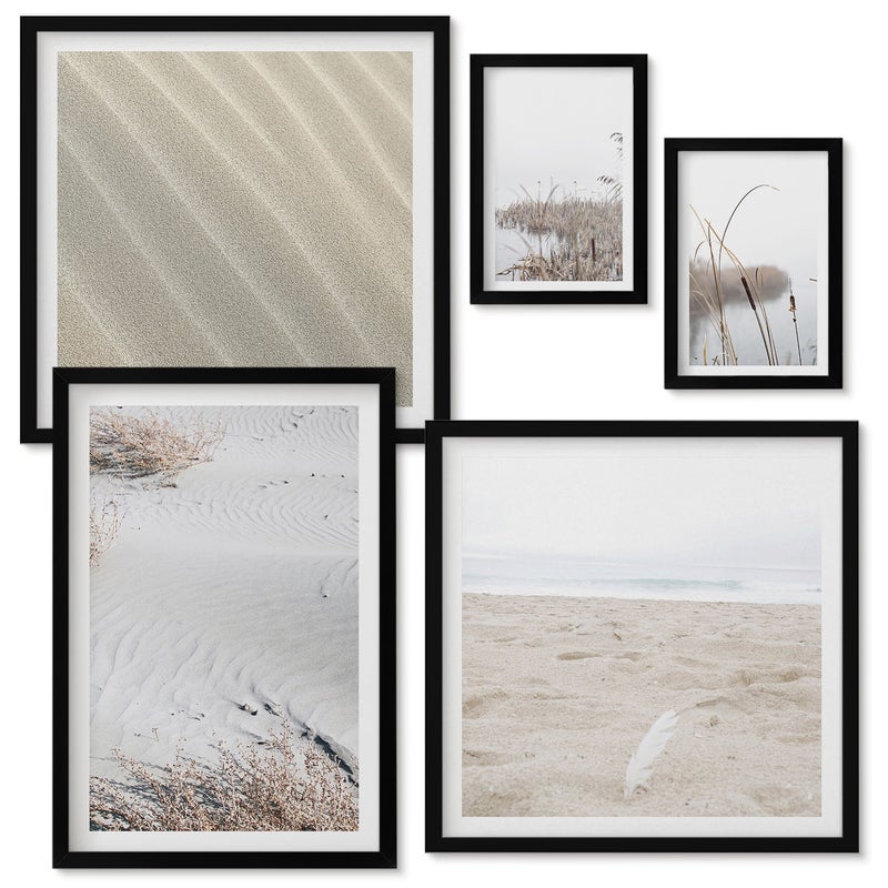Zestaw obrazów w ramie - 5 części | Minimalistyczne motywy natury plażowej i piasku | Czarna ramka