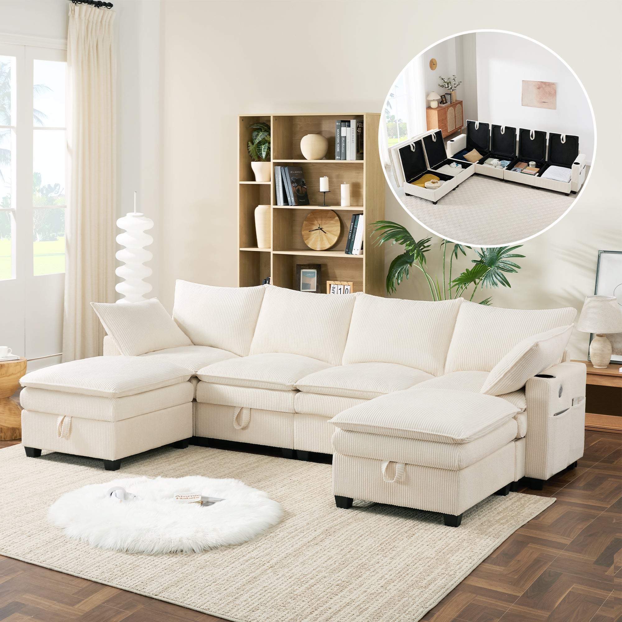 Narożnik 4-osobowy z 2 podnóżkami - 280 x 152 x 83 cm - Sztruks - Schowek i uchwyty na kubki - Beżowy