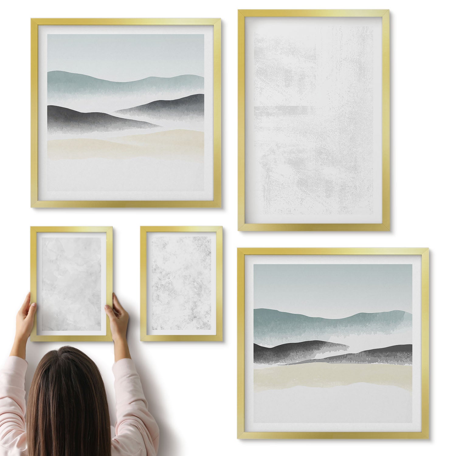 Galeria ścienna 5-częściowy komplet obrazów w złotych ramach - Białe plamy na płótnie i abstrakcyjne widoki minimalistyczne tła - ArtPrintCave