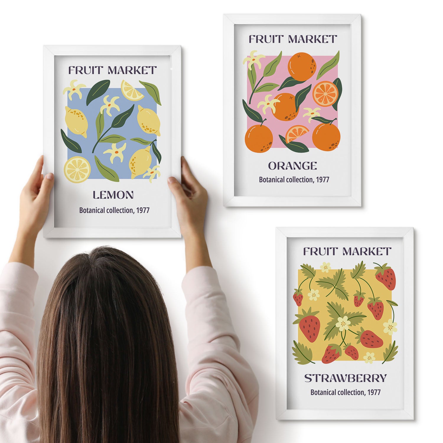 Galeria ścienna 3-częściowy komplet obrazów w białych ramach - Owocowe postery z cytrynami pomarańczami i truskawkami - ArtPrintCave
