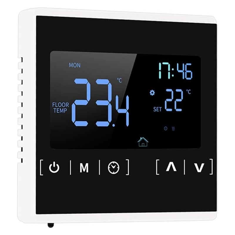 Programowalny termostat z ekranem dotykowym o dużej mocy, z podwójną kontrolą temperatury do domowego ogrzewania podłogowego (czarny)