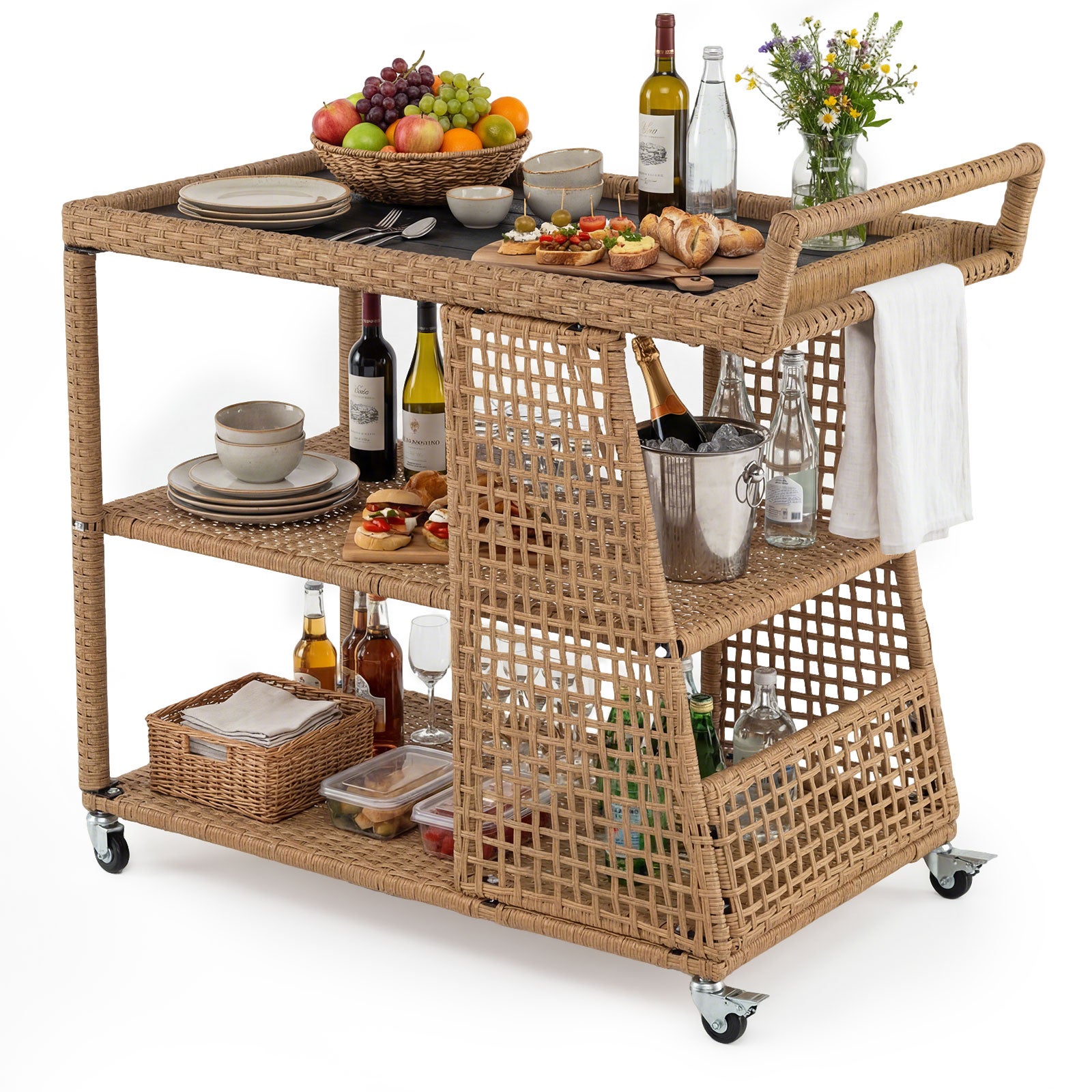 Rattanowy wózek ogrodowy PE 3 poziomy, kredens ogrodowy z szeroką półką, 4 wygodne kółka, ergonomiczny uchwyt, 98 x 54 x 92 cm