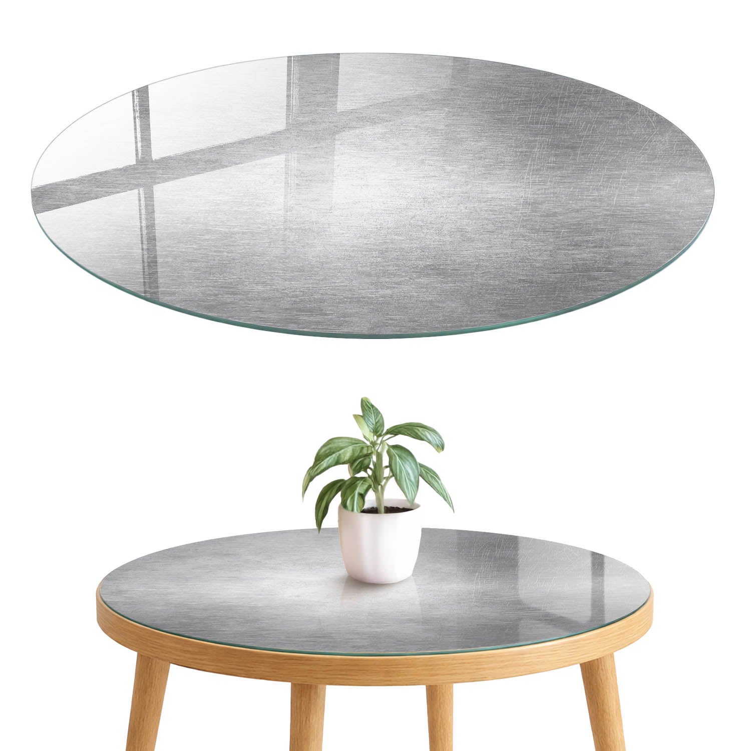 Szklany blat hartowany z wzorem 4 mm - elegancka dekoracja i maskowanie blatu fi60 cm Metalowy blask