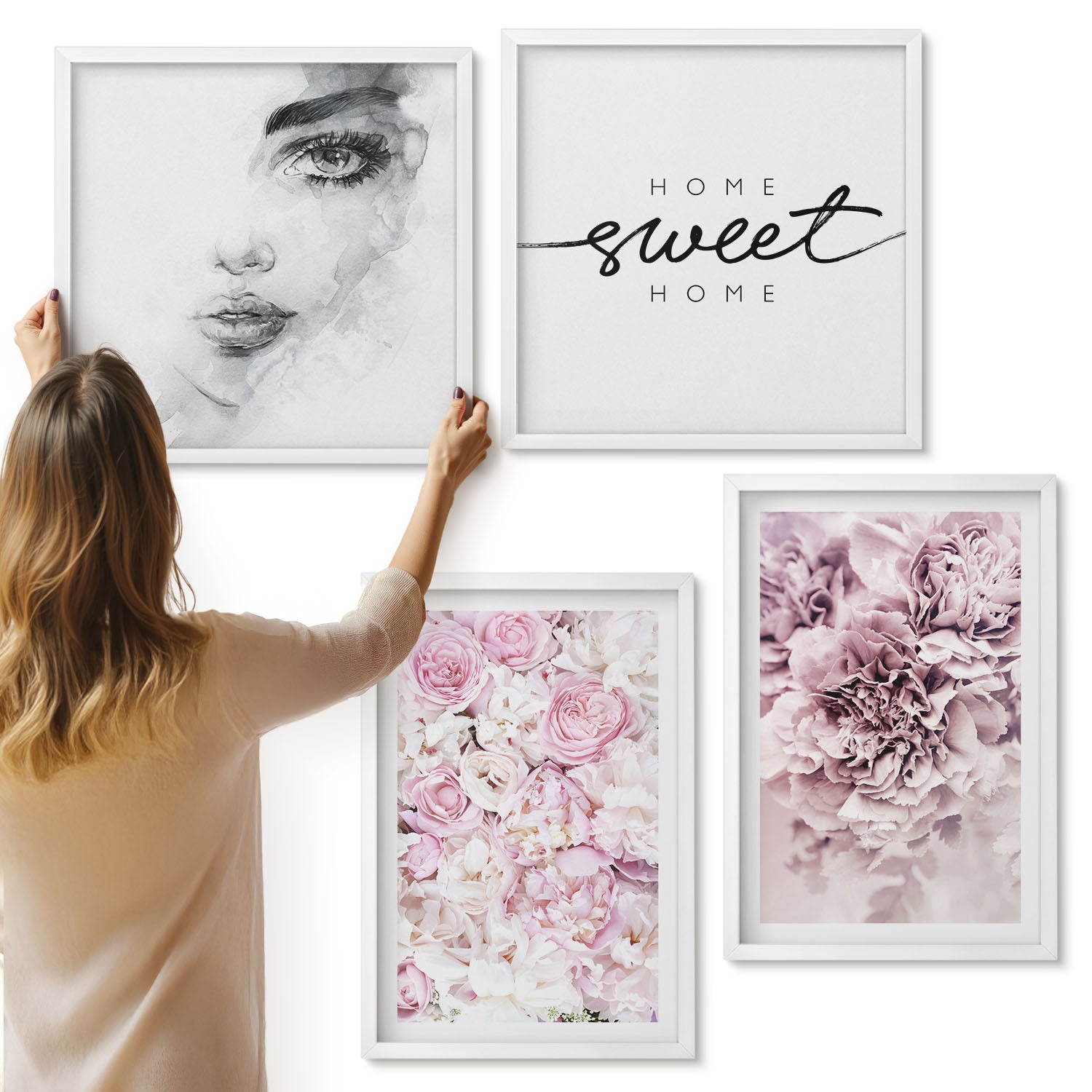 Galeria ścienna 4-częściowy komplet obrazów w białych ramach - Delikatne piwonie portret kobiety napis do domu - ArtPrintCave