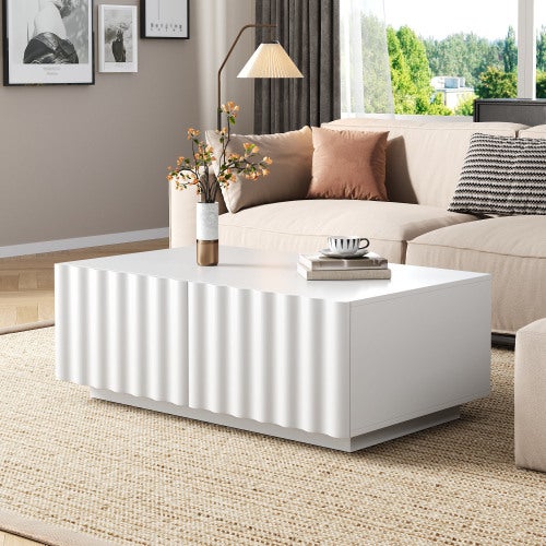Nowoczesny stolik kawowy 100x50x40 cm - 2 szuflady - Wzór falisty - Płyta MDF + płyta wiórowa - Biały
