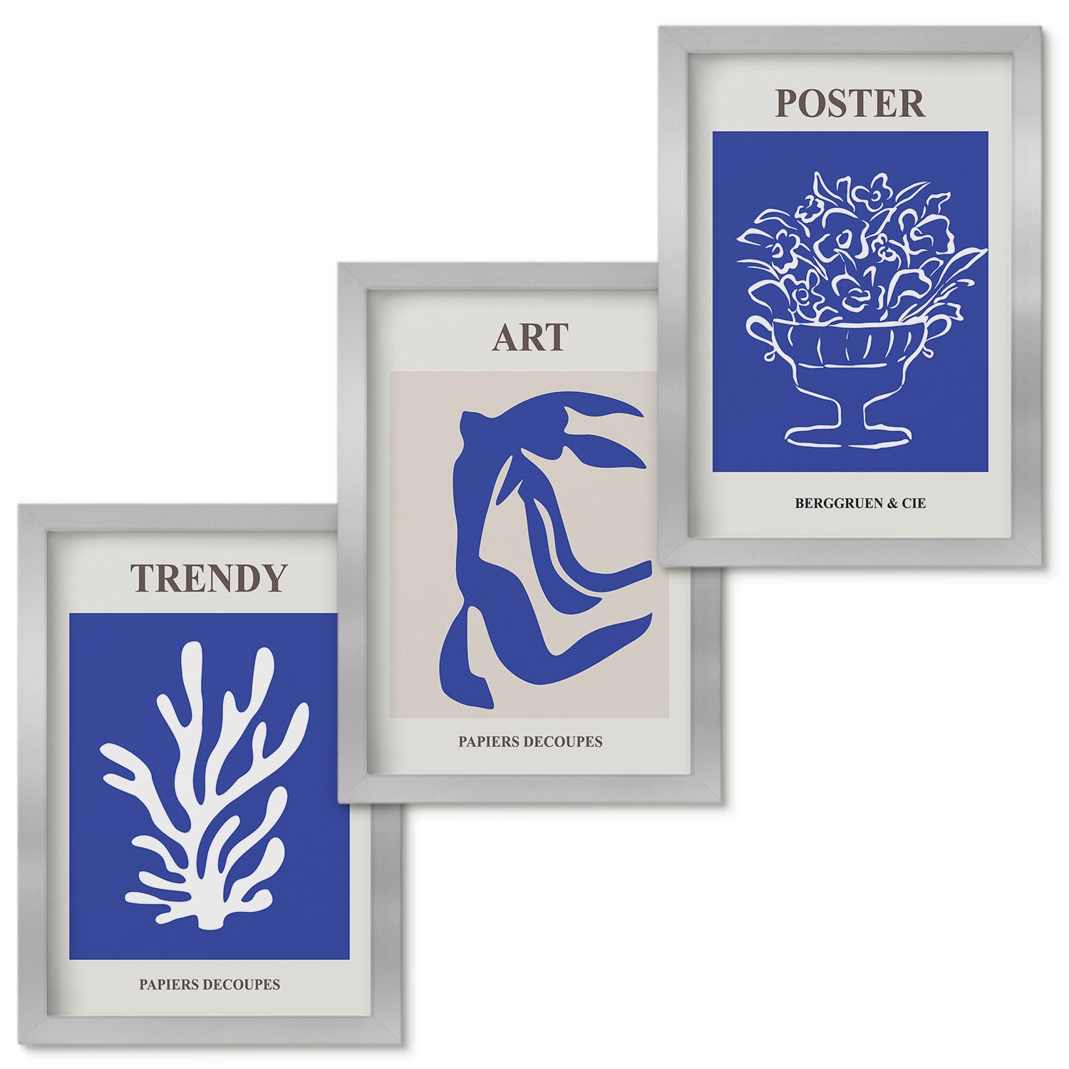 Zestaw obrazów w ramie - 3 części | Abstrakcyjne artystyczne postery Henri Matisse | Srebrna ramka