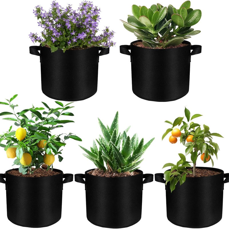 5-częściowe worki do sadzenia 20 l, średnica 30 cm, wysokość 25 cm, worki do sadzenia z włókniny z uchwytami, kwiaty, 35 x 28 cm, czarne
