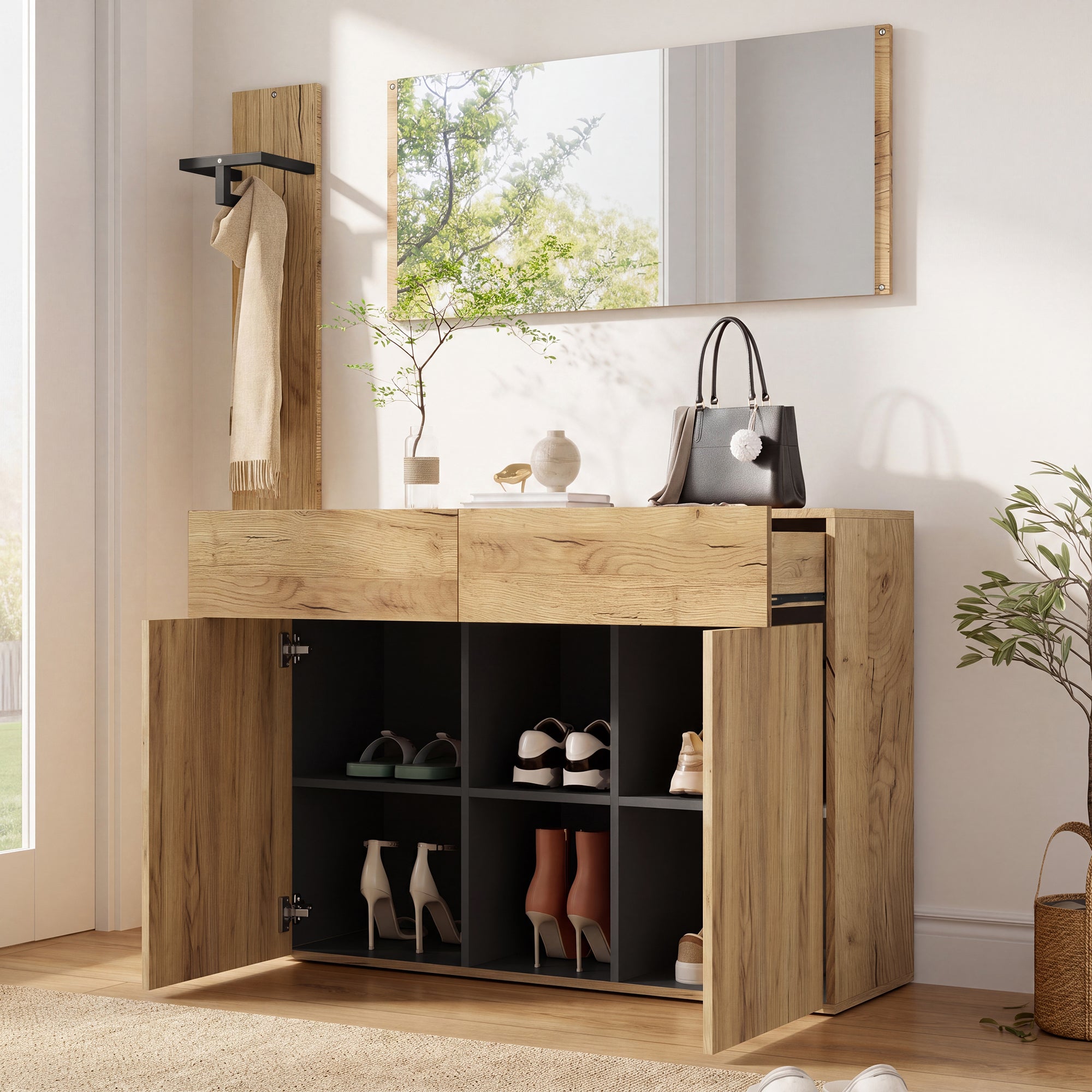 Szafka na buty z lustrem, drążkiem na wieszaki, 2 drzwiami i 2 szufladami - MDF i płyta wiórowa - 125 x 35 x 178 cm - Naturalna i czarna