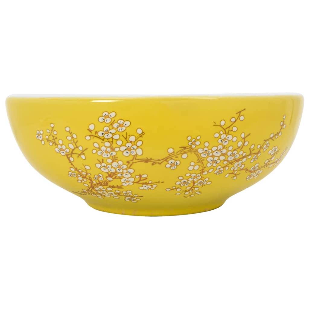 Umywalka Nablatowa Ceramiczna Okrągła Biało-Żółta do Łazienki