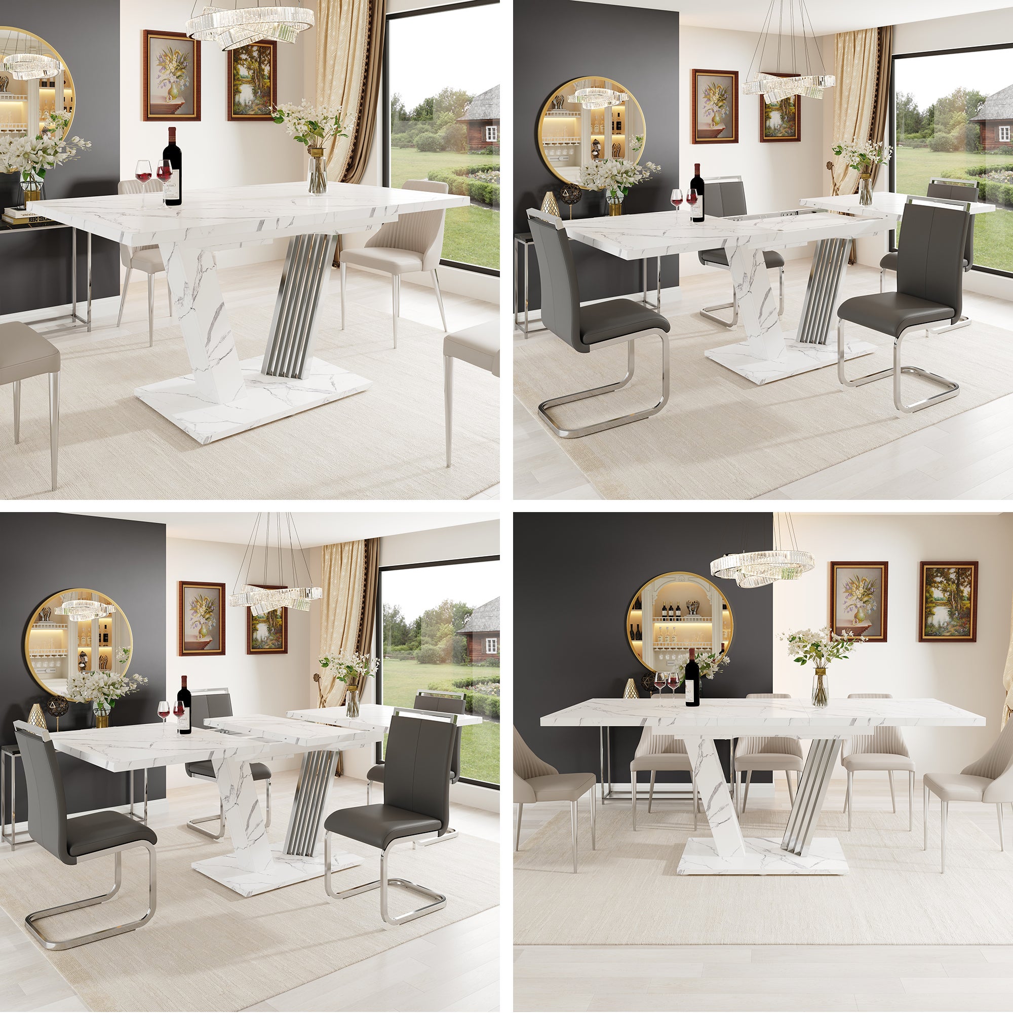 Rozkładany stół jadalny dla 4-6 osób - 120/160 x 80 x 76 cm - Płyta MDF z nogami w kształcie skrzydeł - Blat imitujący marmur - Biały
