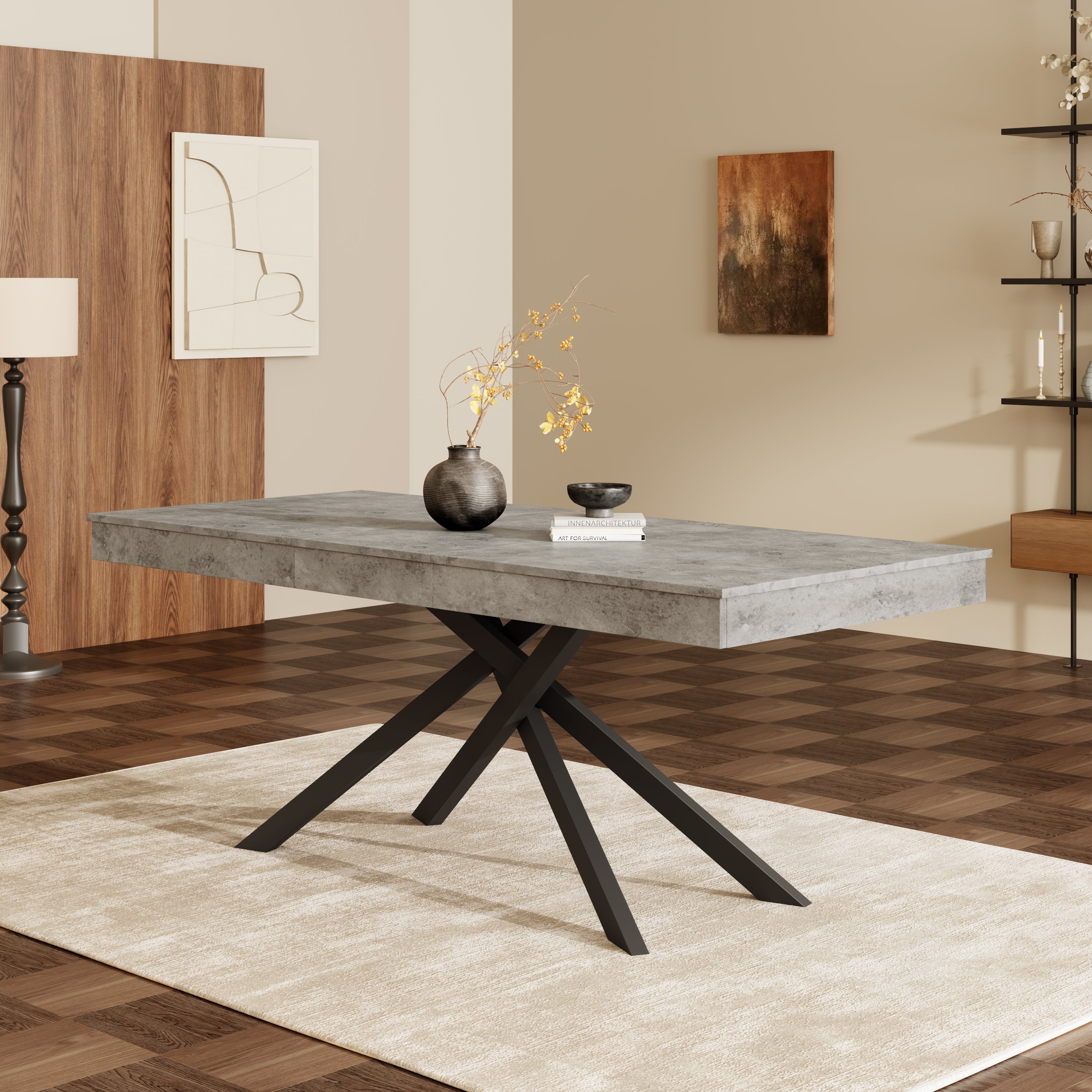Rozkładany stół jadalny na 6-8 osób - 140/180 x 80 x 75 cm - płyta MDF i skrzyżowane nogi - szary