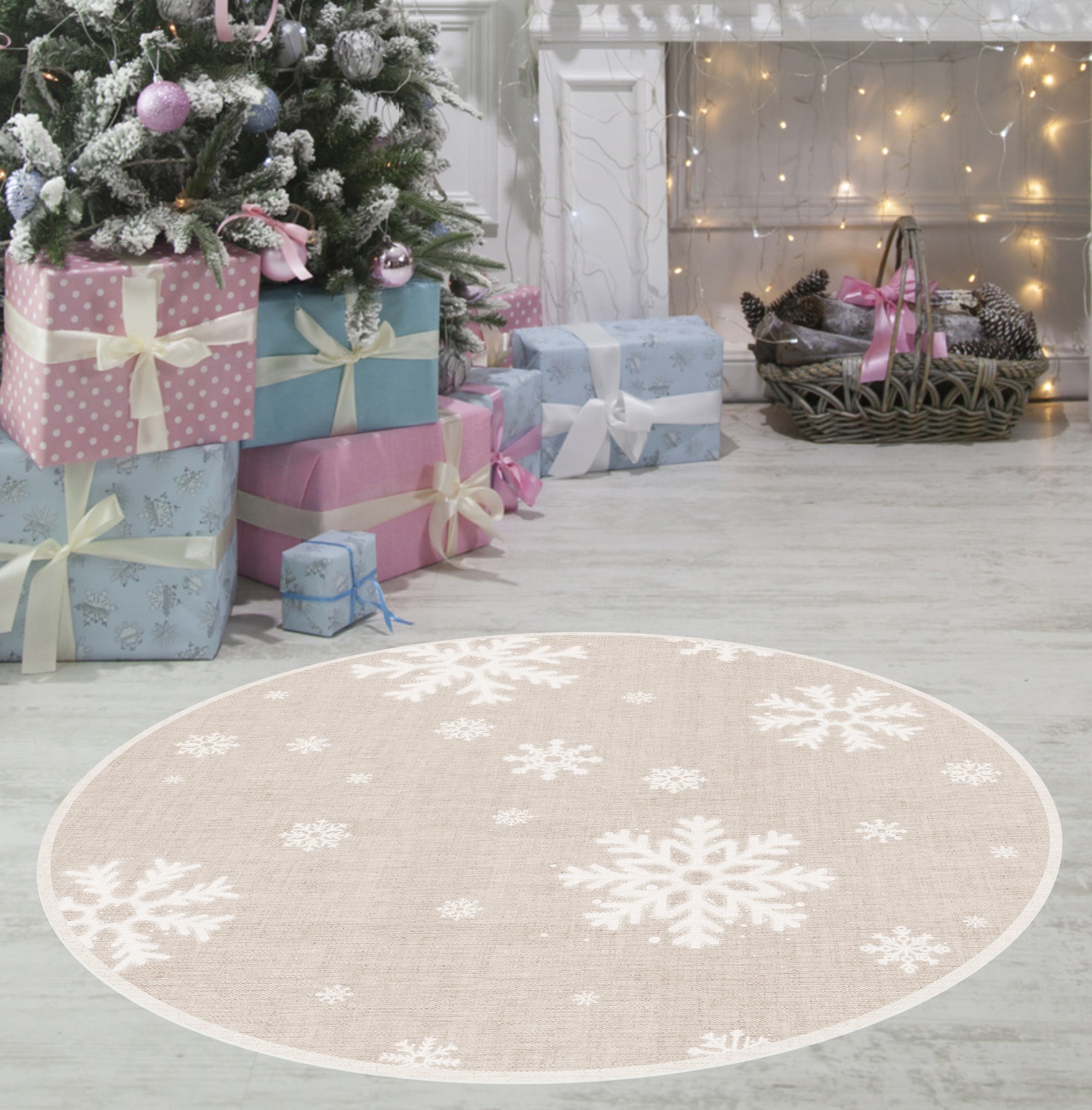 Winylowy dywan w kształcie płatka śniegu [średnica] 95 cm - PVC antypoślizgowy, wodoodporny, zmywalny, trudnopalny, w świątecznym stylu