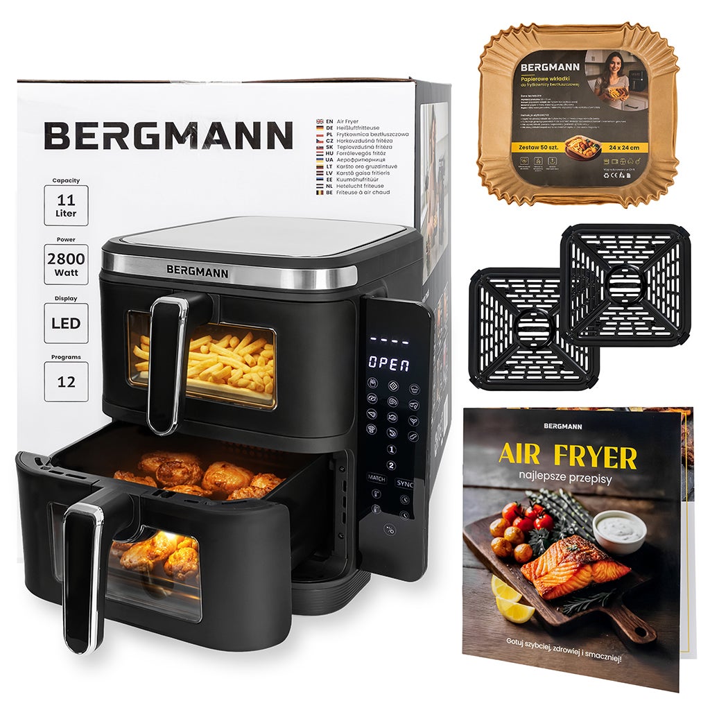 Frytkownica Beztłuszczowa Air Fryer BERGMANN dwa kosze 2×5,5L 2800W książka kucharska w zestawie