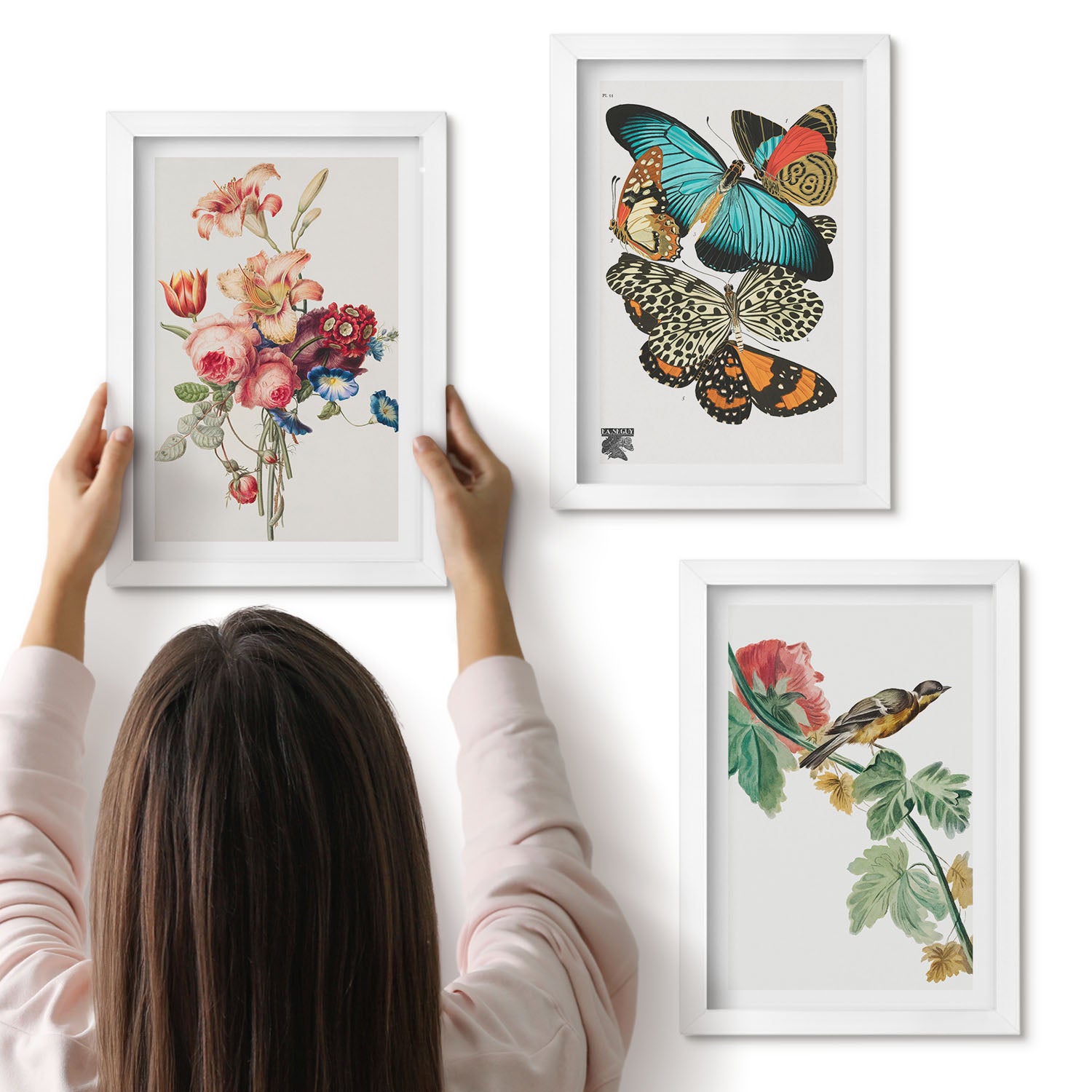 Galeria ścienna 3-częściowy komplet obrazów w białych ramach - Kwiaty motyle i ptak w pastelowych odcieniach - ArtPrintCave