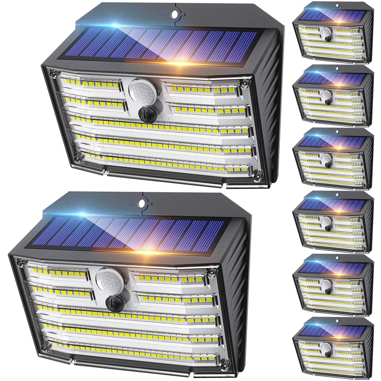 Pakiet 8 lamp solarnych zewnętrznych 126 LED, bezprzewodowe lampy z czujnikiem ruchu, wodoodporne IP65, 3 tryby, kąt oświetlenia 270 °