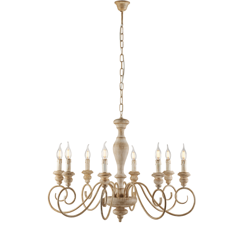 Lampadario in legno e ferro bianco e tortora 8 luci H.61 - MAX 121 - Ø82