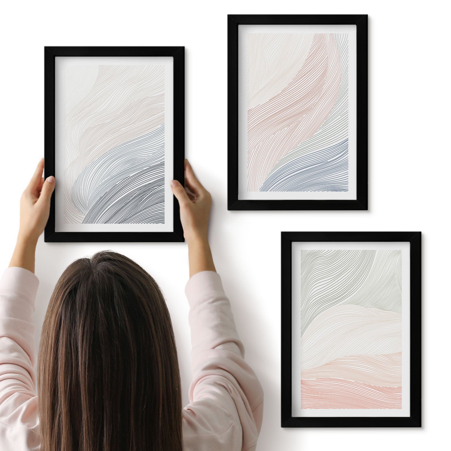 Galeria ścienna 3-częściowy komplet obrazów w czarnych ramach - Abstrakcyjne fale malunek tektury pastelowe barwy - ArtPrintCave