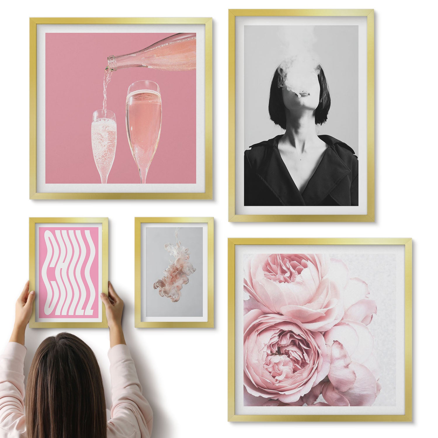 Galeria ścienna 5-częściowy komplet obrazów w złotych ramach - Stylowe kompozycje z różowymi akcentami i kwiatami - ArtPrintCave