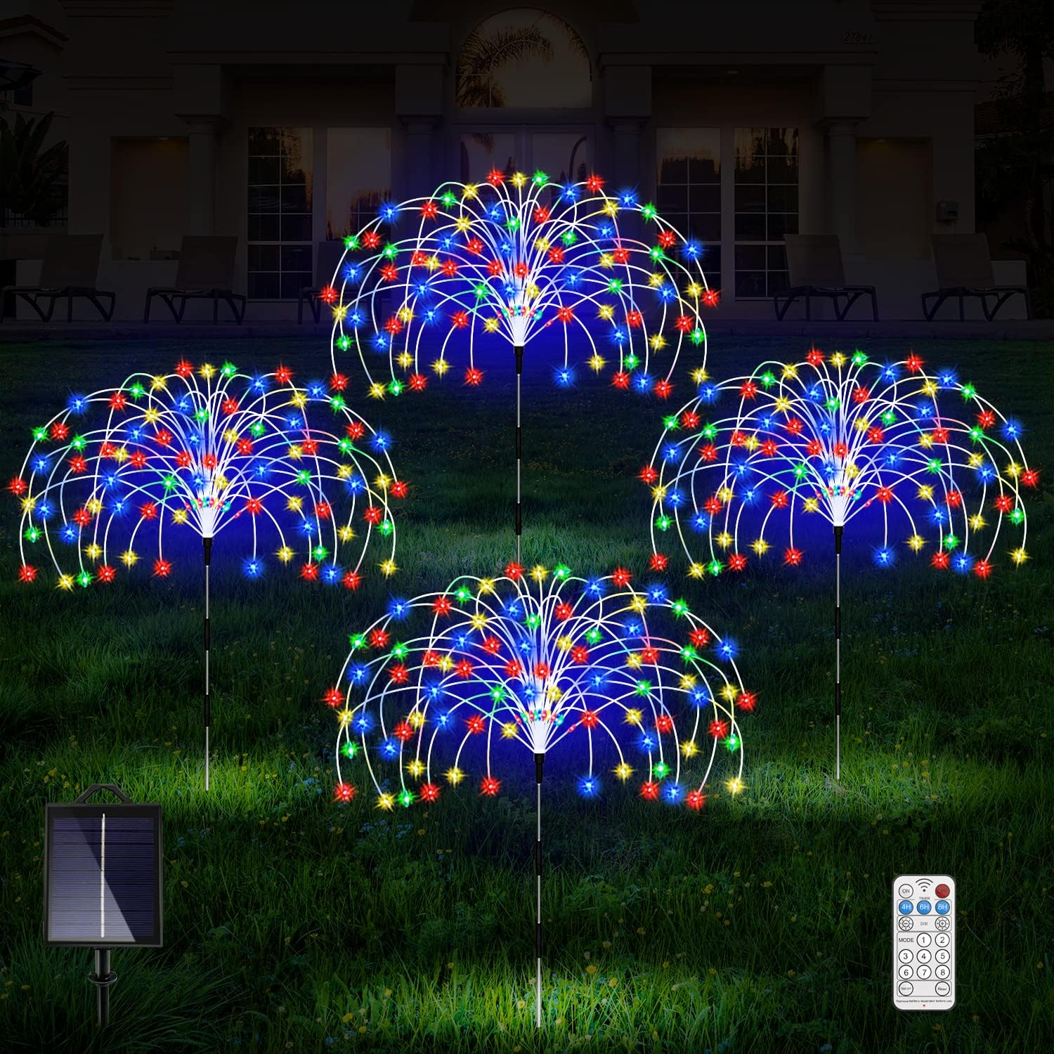 Słoneczne lampy fajerwerkowe zewnętrzne do ogrodu, dekoracja trawnika festiwalowego - 1 szt., 3-360LED (z pilotem 17-przyciskowym)