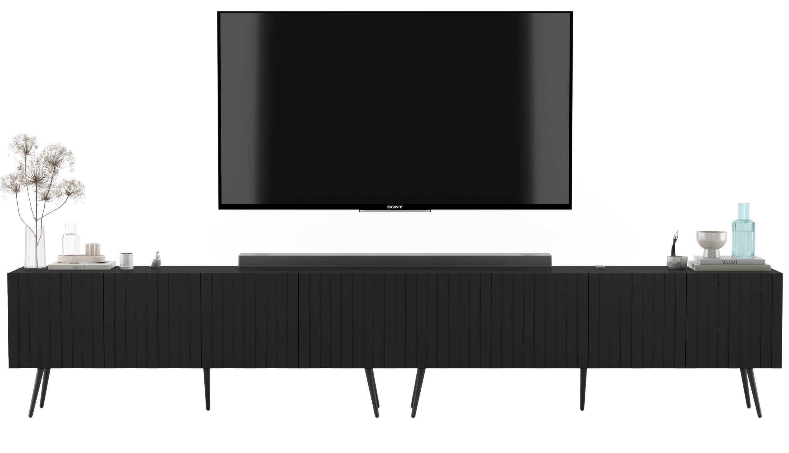 Szafka RTV Glamour 300 cm czarny mat, komoda loft z metalowymi nogami do nowoczesnego salonu