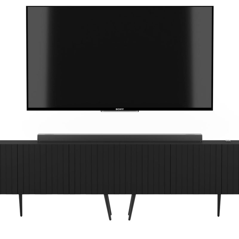 Szafka RTV Glamour 300 cm czarny mat, komoda loft z metalowymi nogami do nowoczesnego salonu