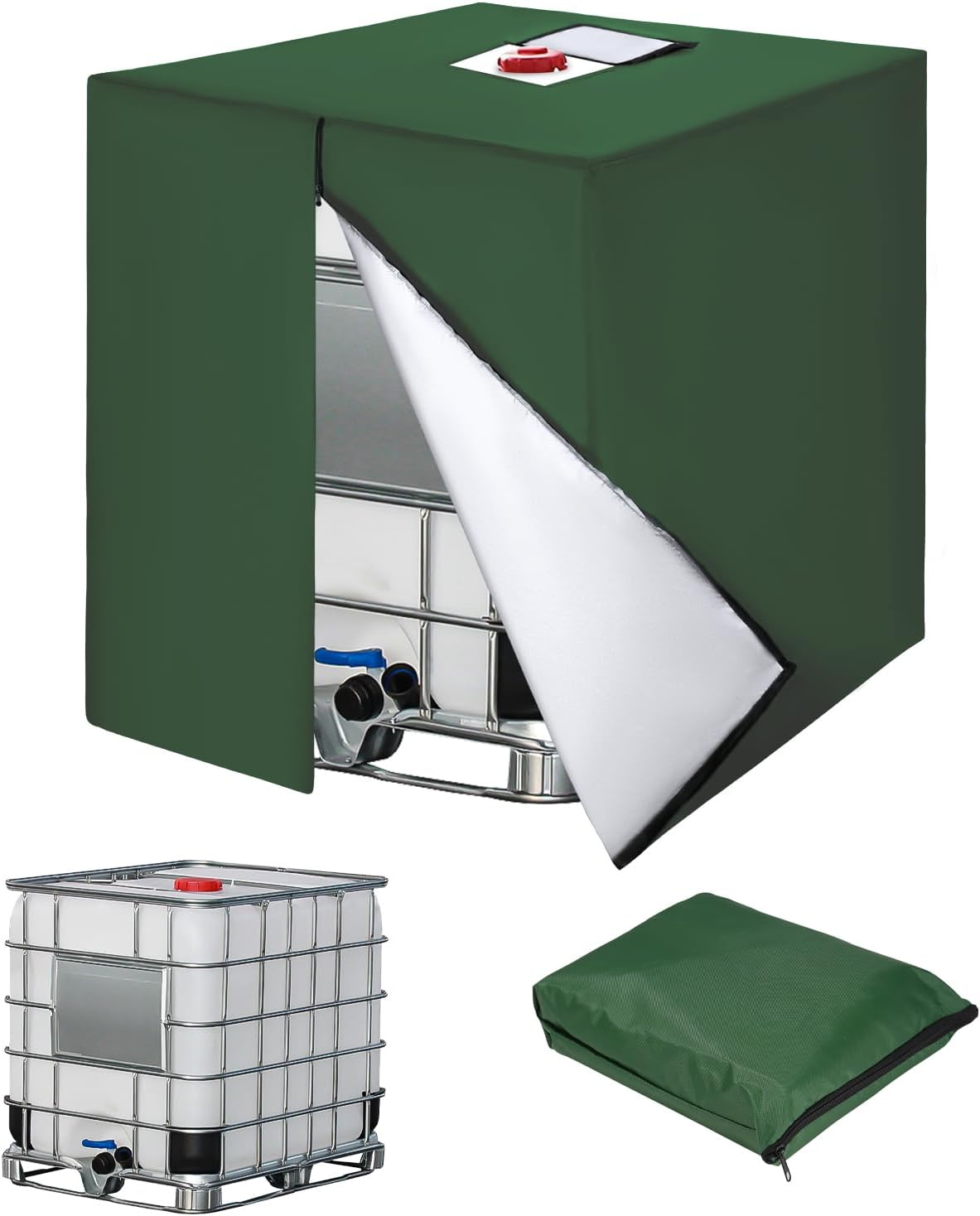 Plandeka na zbiornik 1000L IBC, Pokrywa zbiornika na wodę 420D, Ochronna osłona na zbiornik anty-UV, 120 x 100 x 116 cm (Zielona)