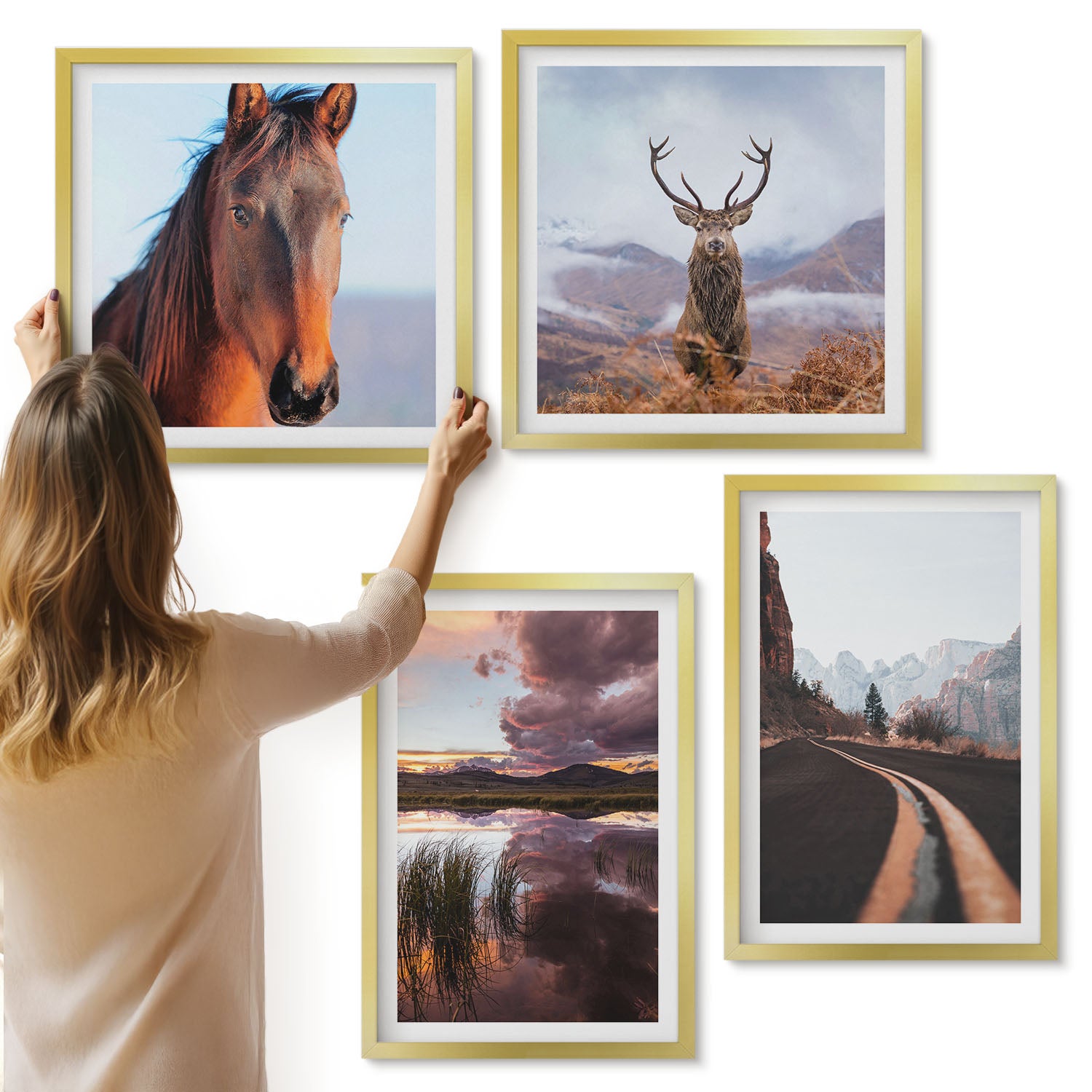 Galeria ścienna 4-częściowy komplet obrazów w złotych ramach - Pejzaże górskie z reniferem koniem i drogą - ArtPrintCave